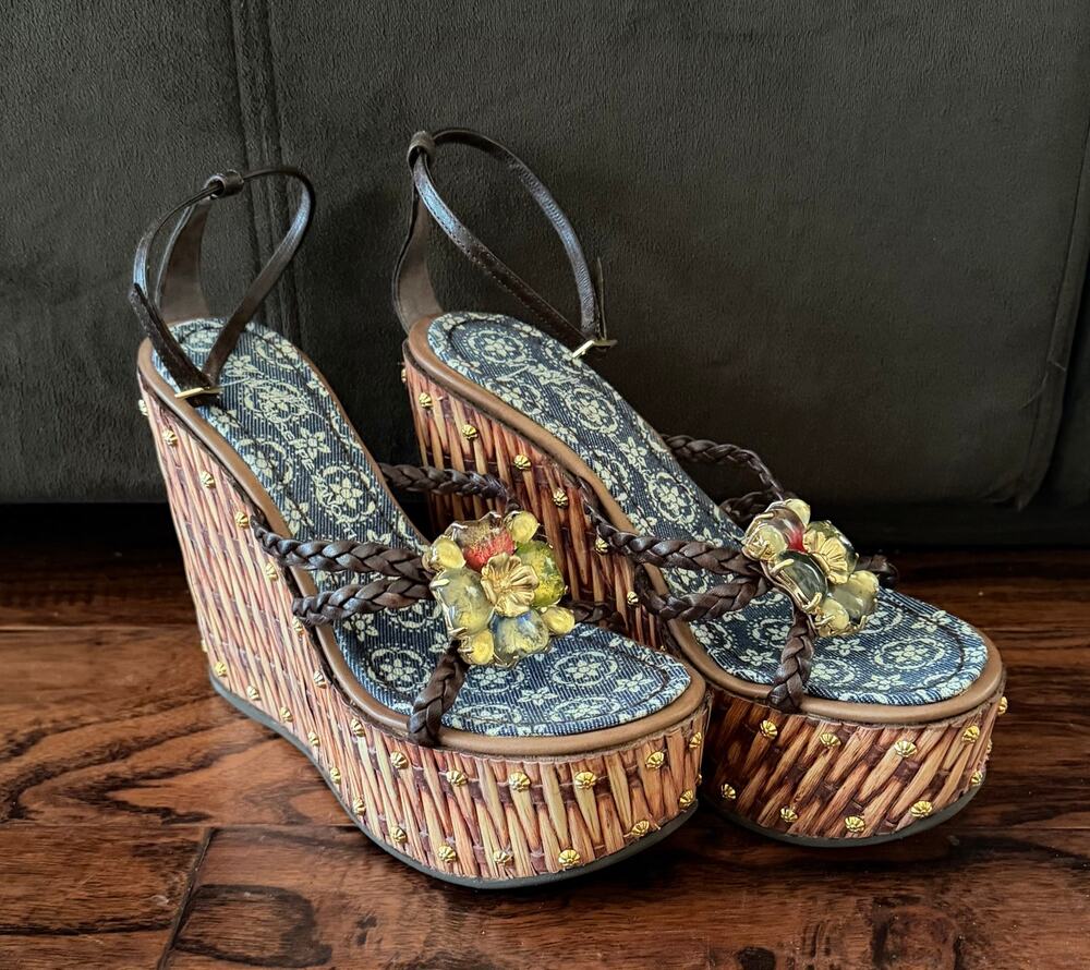 $1,295 NIB Giuseppe Zanotti 38 US 8 Platform Wedge Sandals Floral Crystal Brown